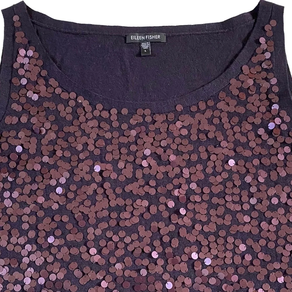 EILEEN FISHER 100% BLACK MERINO WOOL & PURPLE SEQUIN TOP SIZE LARGE - Picture 8 of 16